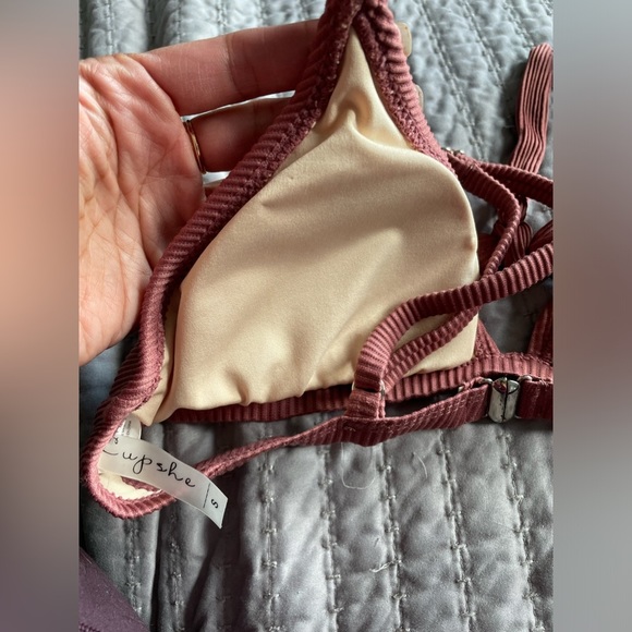 Cupshe ribbed burnt red/orange/brownish pink front tie bikini,matching bottom SM - Picture 5 of 14